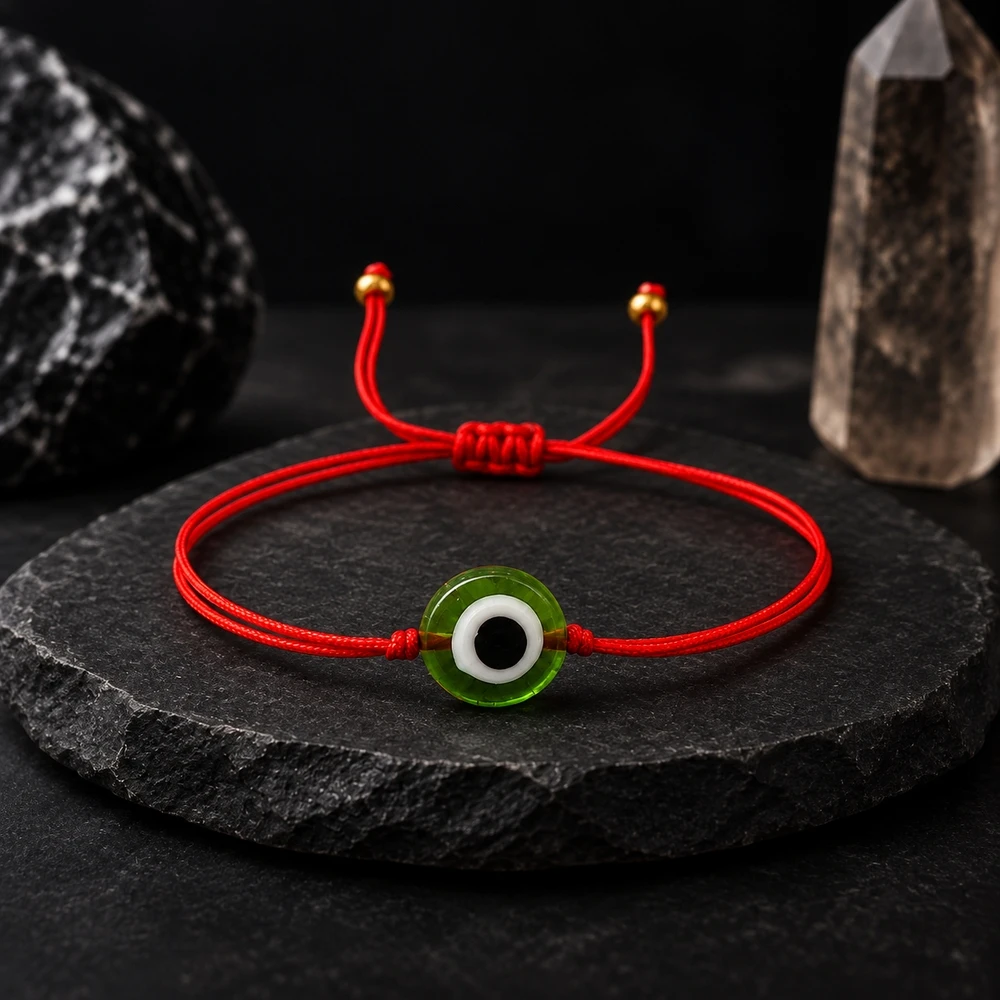 1pc Round Green White Black Eye Glass Bead Red Cord Adjustable Lace-Up Strand Bracelet Classic Unisex Jewelry