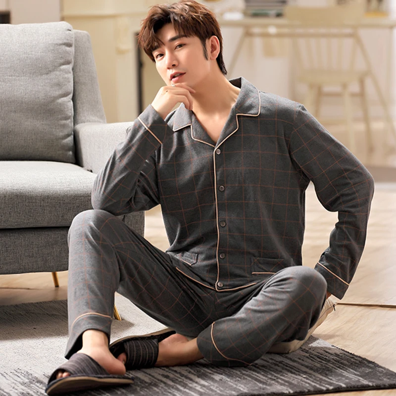 6XL Full Cotton Pijama for Men 2Piece Lounge Sleepwear Pyjamas Plaid Autumn Bedgown Home Clothes Man PJs Pure Cotton Pajamas Set