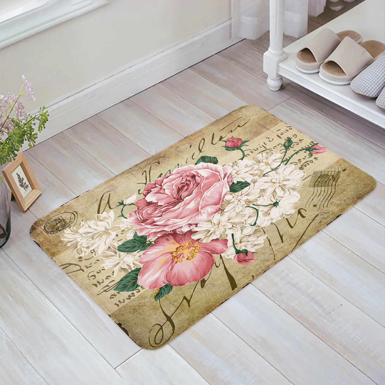 

Rose Flower Bouquet Retro Floor Mat Entrance Door Mat Living Room Kitchen Rug Non-Slip Carpet Bathroom Doormat Home Decor