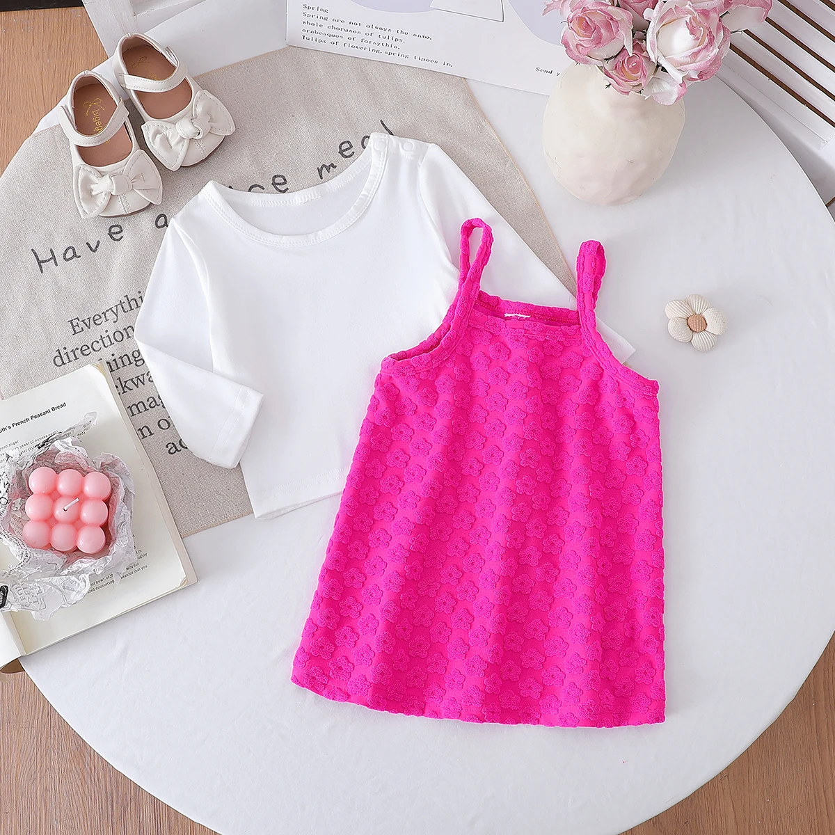 2025 Summer New Arrival Solid Color Long-Sleeve Top with Strap Dress, Fashionable and Versatile Two-Piece Set