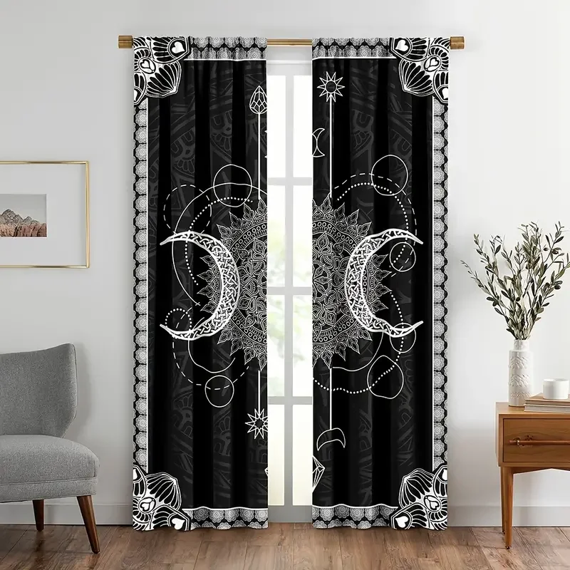 2 Panels Sun Moon Curtain Constellation Darkening Window Curtain Gothic Boho Mandala Blackout Curtains For Living Room, Bedroom,