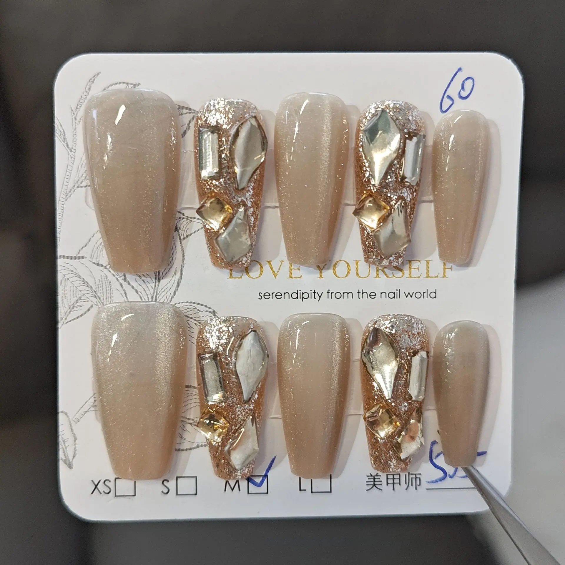 Unhas postiças artesanais de strass, pontas de unhas postiças para mulheres e meninas, pontas de balé para unhas de gato champagne, 10 peças