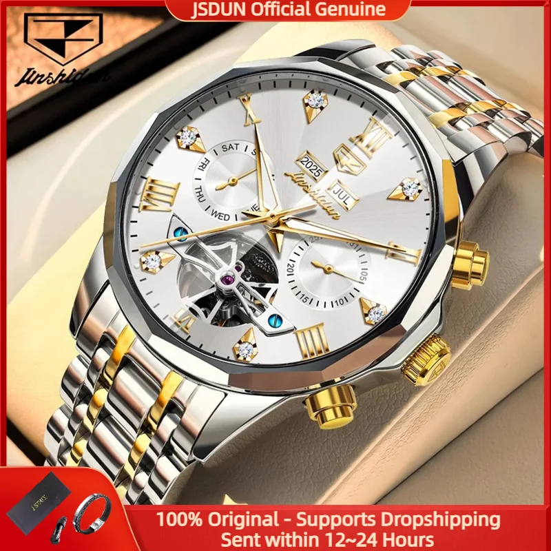 

JSDUN 8989, мужские часы, брендовые оригинальные автоматические механические деловые часы, мужские водонепроницаемые часы, роскошные часы с полым календарем и неделей