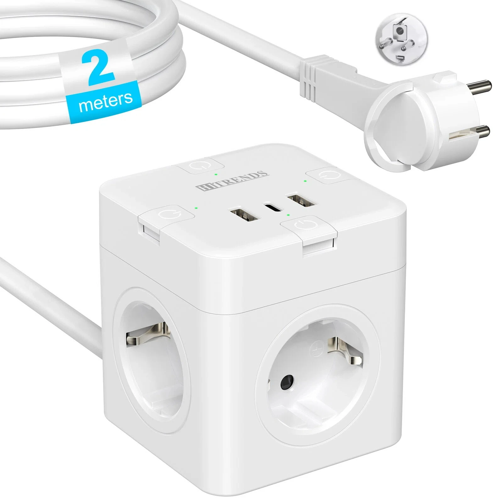 

7-in-1 multi-functional socket with switch, ultra-thin flat plug, 4AC+3USB(Type-C), 17W fast charging, 2-meter extension cable