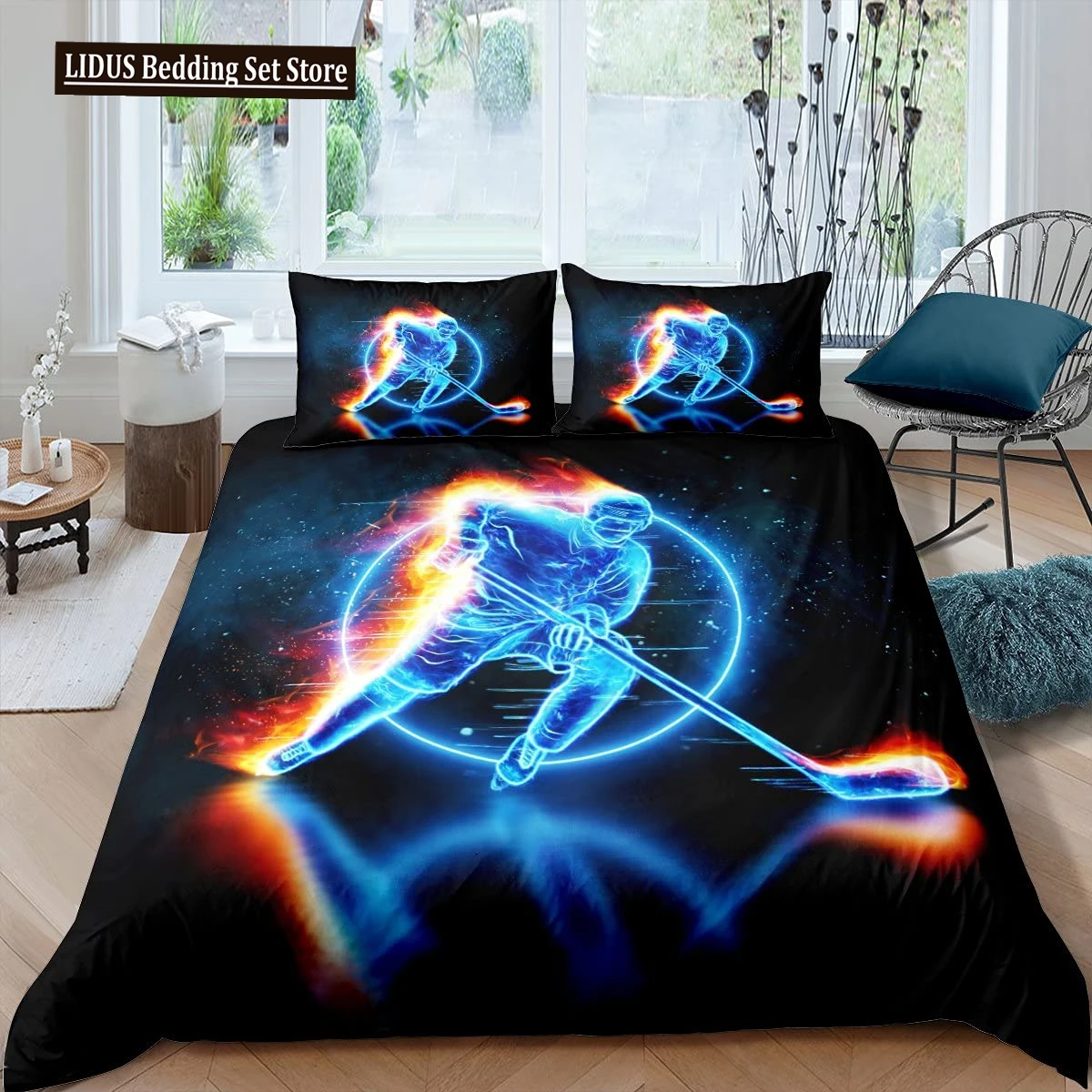 

Ice Hockey Sport Duvet Cover Burning Hockey Ball For Teen Athlete Black Polyester Quilt Cover For Friend Gift Bedroom Decoration