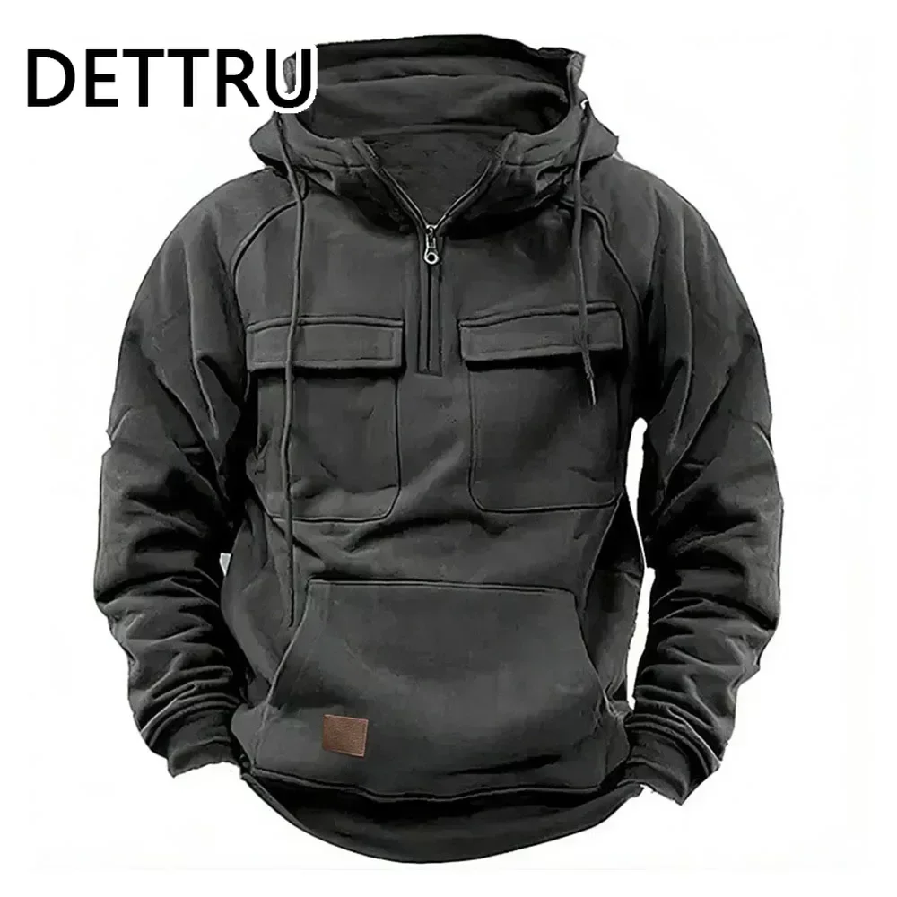 Men\'s Hoodies Solid Sweatshirts Multi Pockets Male Hooded Jackets Thick Outdoor Half Zipper