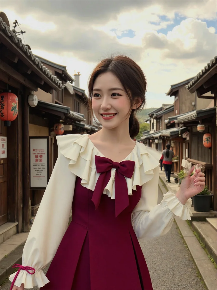 فساتين نسائية Y2K عتيقة 2000S ثوب حفلة فيونكة شبابية مخملية عنابي فستان ثقوب العطلات مجوفة مجوفة