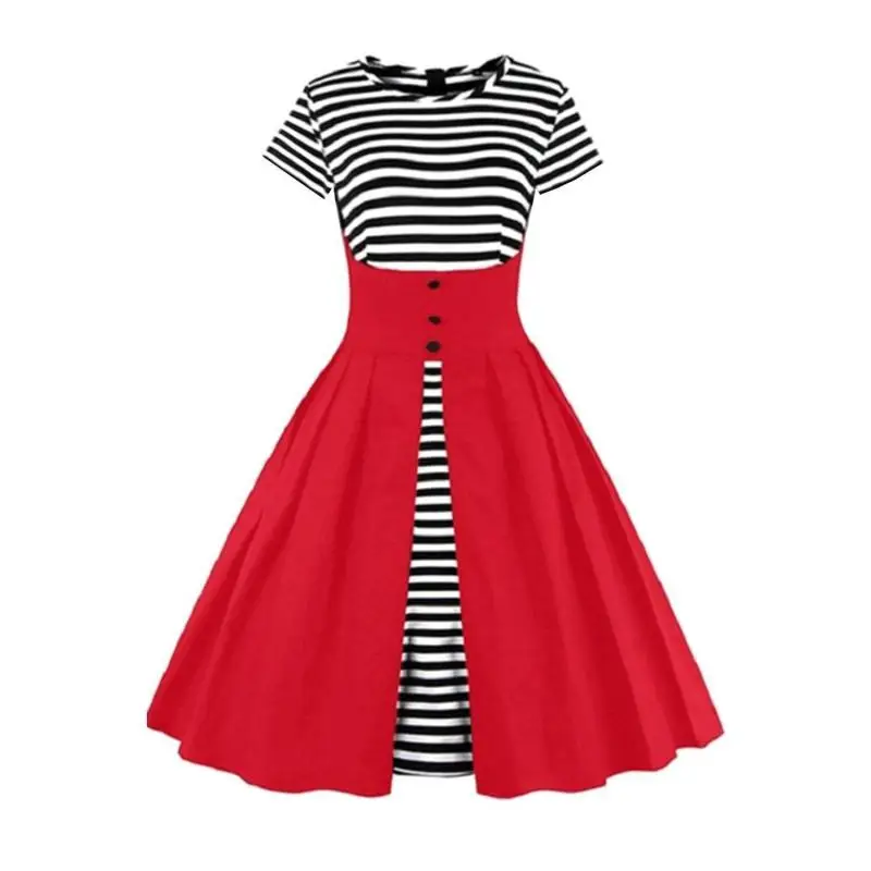 فستان عتيق بأكمام قصيرة أسود أبيض مخطط علوي س الرقبة سستة الظهر تي شيرت فساتين ألف خط الأحمر تقسم هيم ميدي التنانير غير رسمية