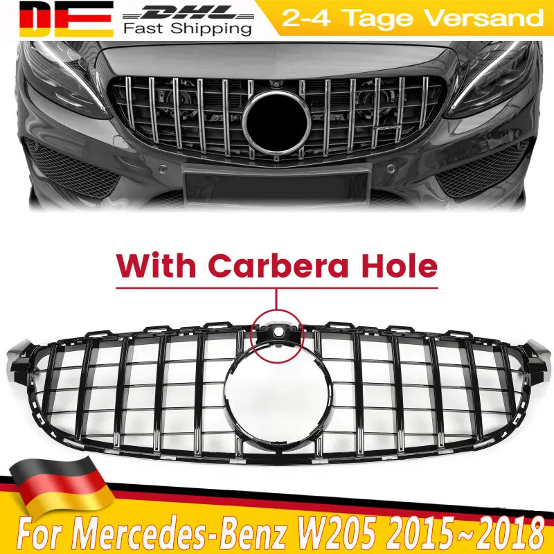 Griglia per paraurti anteriore stile GT R con foro per fotocamera per Mercedes-Benz Classe C W205 C63 C63S C180 C200 2015 ~ 2018 Griglie da corsa