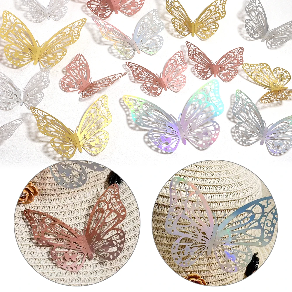 12pcs/lot Metal Hollow 3D Paper Butterfly Decorations with Dot Adhesive for Parties Festivals Weddings Birthdays Wall Stickers