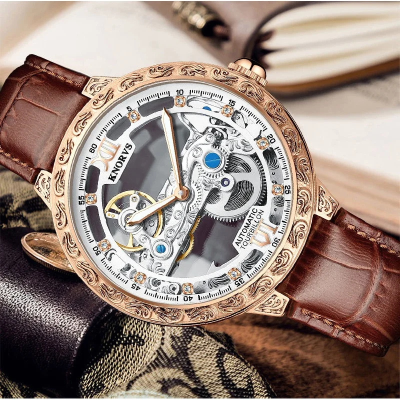 KNORVSTiktok 's Automatic Hollow Carved Mechanical Tourbillon Business Men's Watch