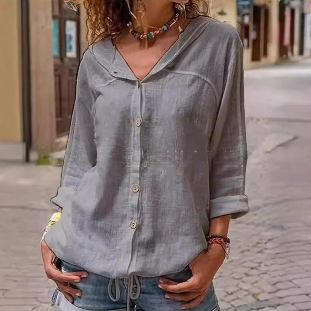 Dames Casual Tops Capuchon Lange Mouw Knoopsluiting Vastgebonden Zoom Shirt Tops Effen Kleur Losse Pasvorm Woon-Werkstijl Tops