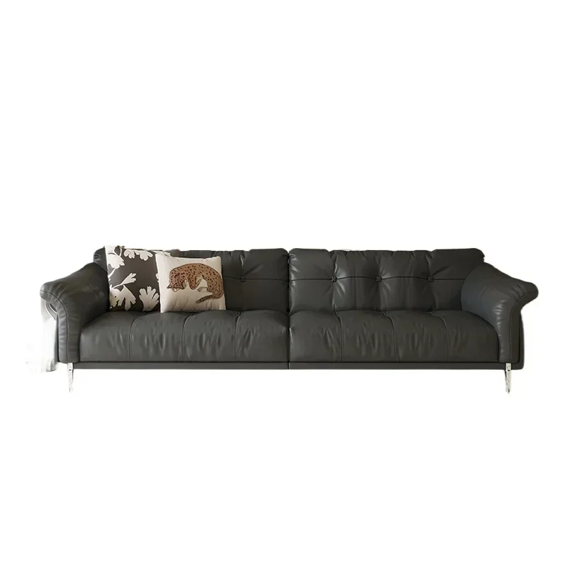 

French retro leather sofa, small apartment living room leather sofa, Hepburn black high-footed straight top-layer cowhide sofa