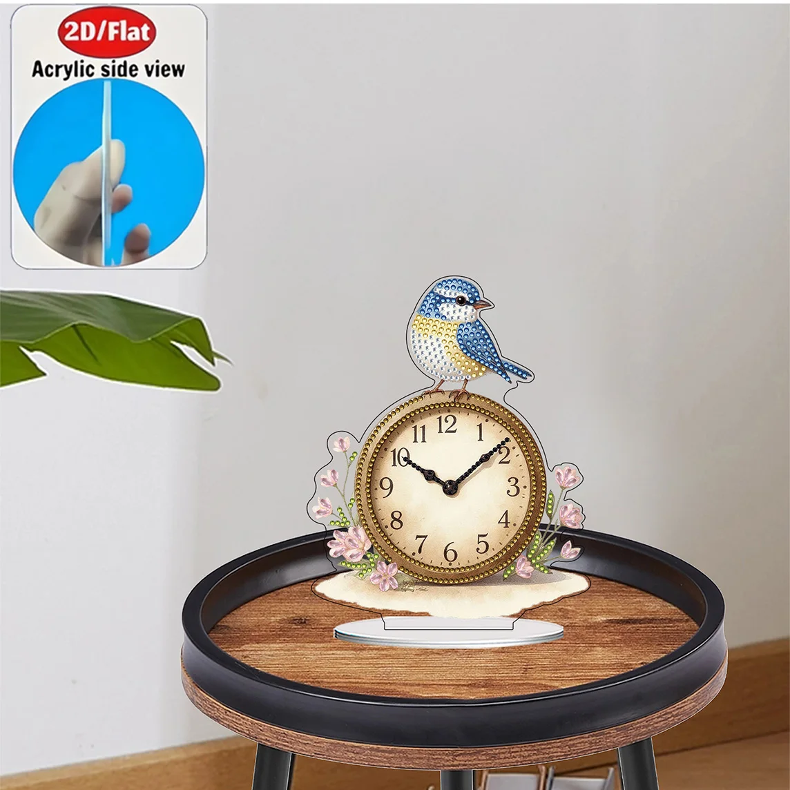 2D Flat 1pc Bird and Flower Clock Acrylic Welcome Plaque Diamond Painting Desktop Ornament Set, Shiny Wall Decor, Holiday Gift - view 6