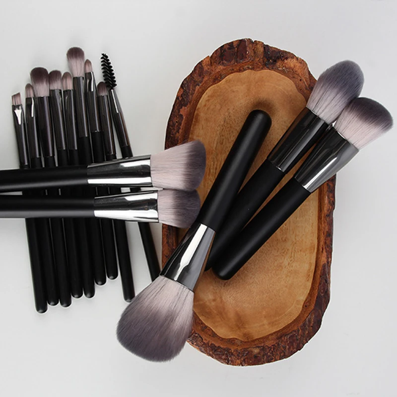 14本入りブラックメイクブラシセットプロフェッショナル木製ハンドルメイクブラシセット、超ソフト合成毛フルコスメティックツール