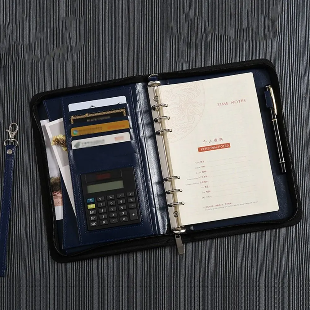 

Portable File Folder 6-Ring Card Holder Work Record Book Zippered Closure with Calculator Loose Leaf Notebook Conference Use