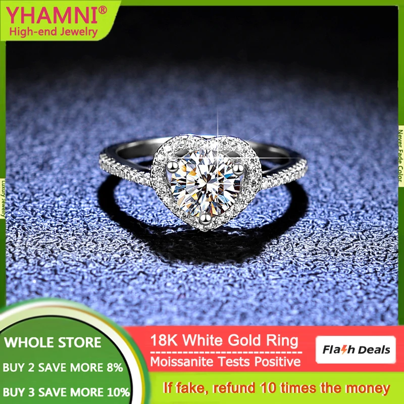 

YHAMNI Luxury 18K White Gold Ring Heart Inlay Round 1 Carat Diamond Moissanite Rings for Women High Quality Wedding Gift Jewelry