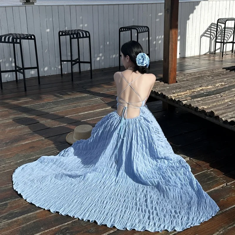 Summer Blue Wave Backless Dress Bodycon Waist Maxi Dresses Beach Vacation Backless Dresses Slim Fit Long Dresses