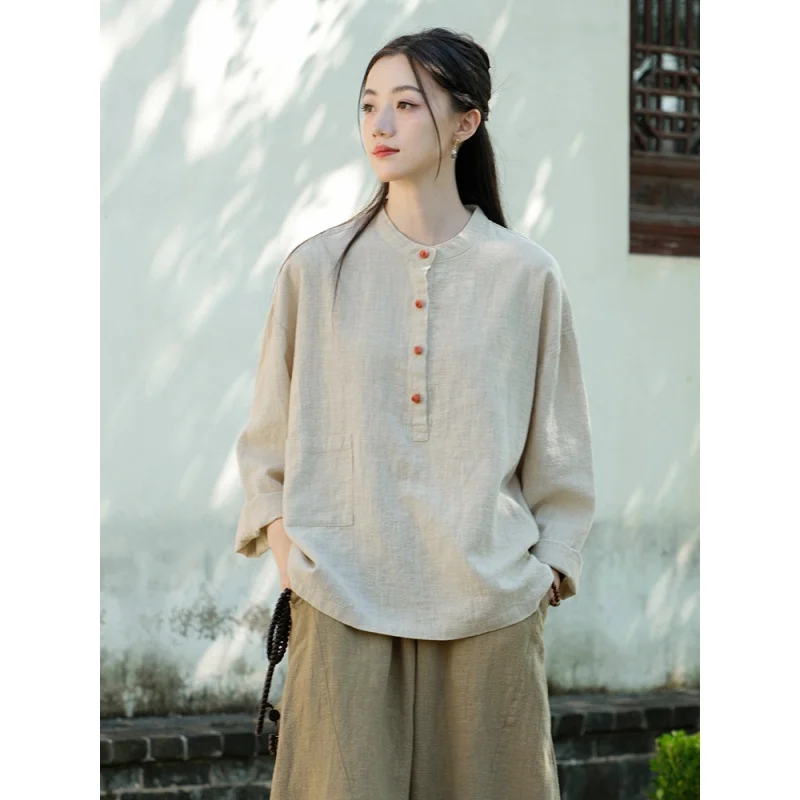 2023 Autumn Woman New Long Sleeves Devise Embroidery Collar T-Shirt Original Vintage Cotton Linen Solid Color T-Shirt