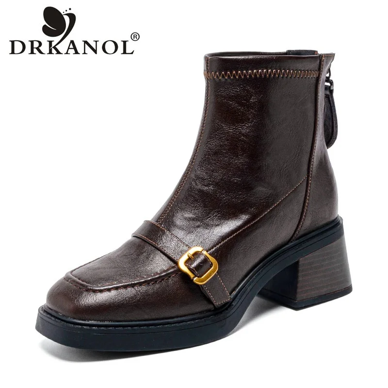 DRKANOL 2027 Women Thick Heel Short Ankle Boots Autumn Winter Plush Back Zipper PU Leather Retro Boots Lady Warm High Heel Shoes