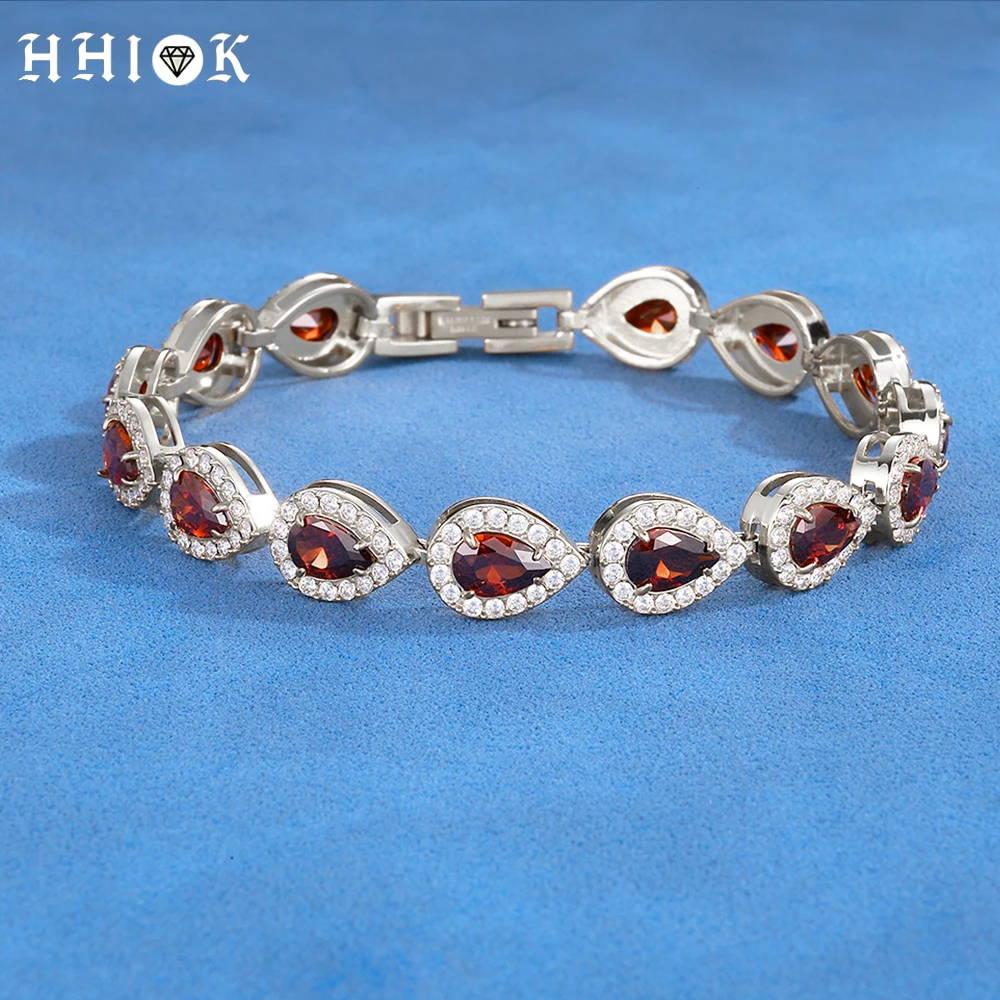HHIOK Men Women Teardrop Halo Stainless Steel Bracelet Iced Out 7mm Red/Blue Gemstone Cubic Zirconia Waterproof Wedding Jewelry