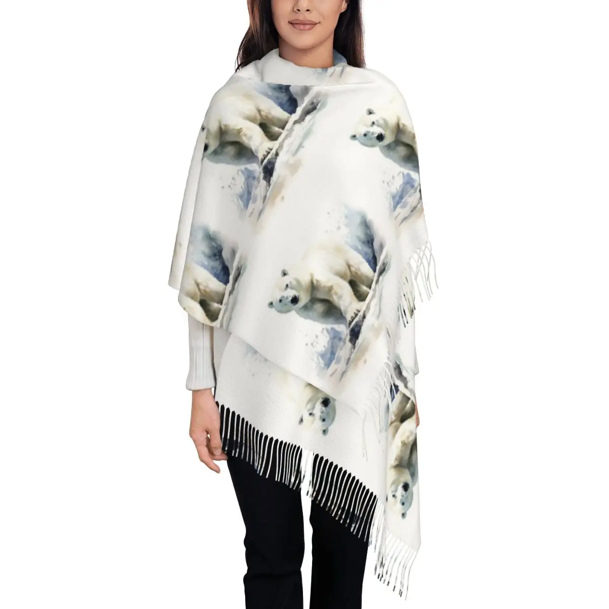 Watercolor Standing In The Snow Polar Bear Scarf Tassel Scarves for Women Soft Warm Shawls and Wraps Long Fall Winter Shawl Wrap