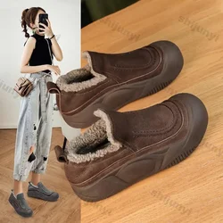 Women's Winter Plush Fluffy Warm Snow Boots Casual Solid Color Slip on Flat Ankle Boots Woman Faux Suede Thick Sole Cotton Shoes