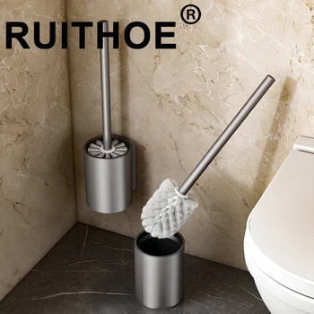 Wall-Mounted Silicone Toilet Brush with Long Handle & Holder 1