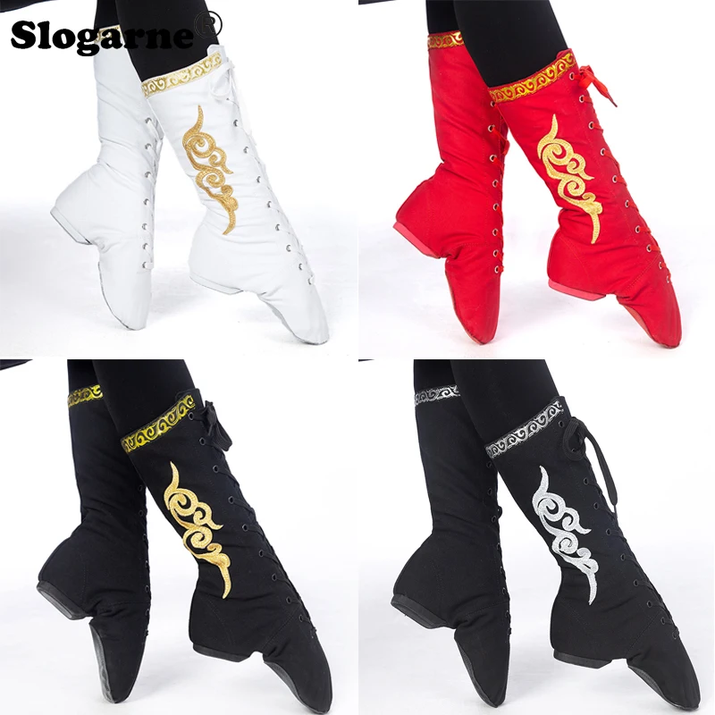 

Tibetan Men Women Dance Boots Unisex Mongolian Dance Shoes Horse Boots New Canvas Dance Performance Ballet Boots Show Footware