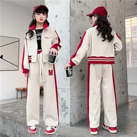 

Spring Autumn School Girl Tracksuit 2pcs Elementary Girl High Collar Zipper Sweat Jackets+ Straight Pants Child Sets 4-12Years