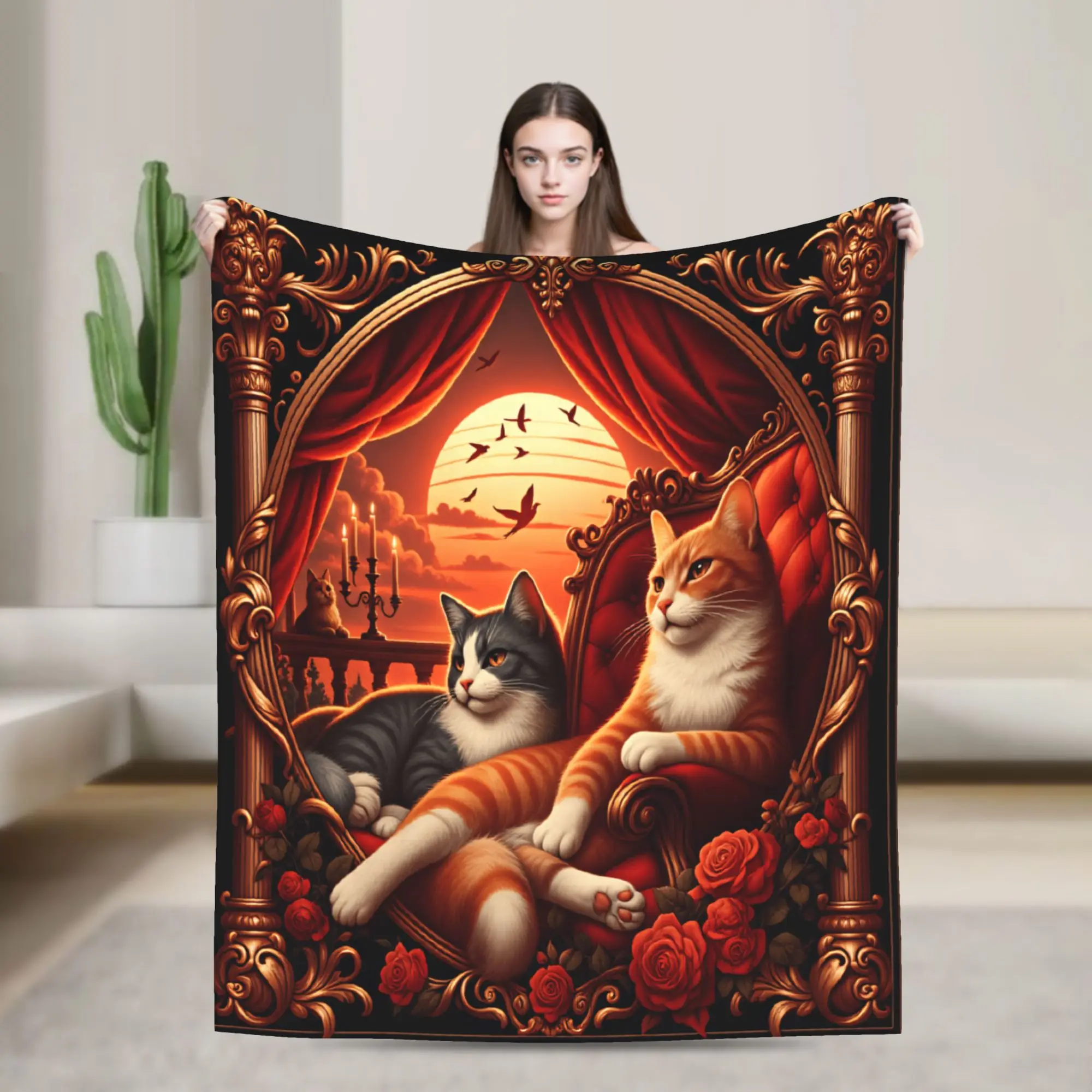 Two cats chilling Photographic Print Warm Cozy Blanket  Print Camping Throw Blanket Couch Chair Flannel Bedspread Sofa Bed Cover