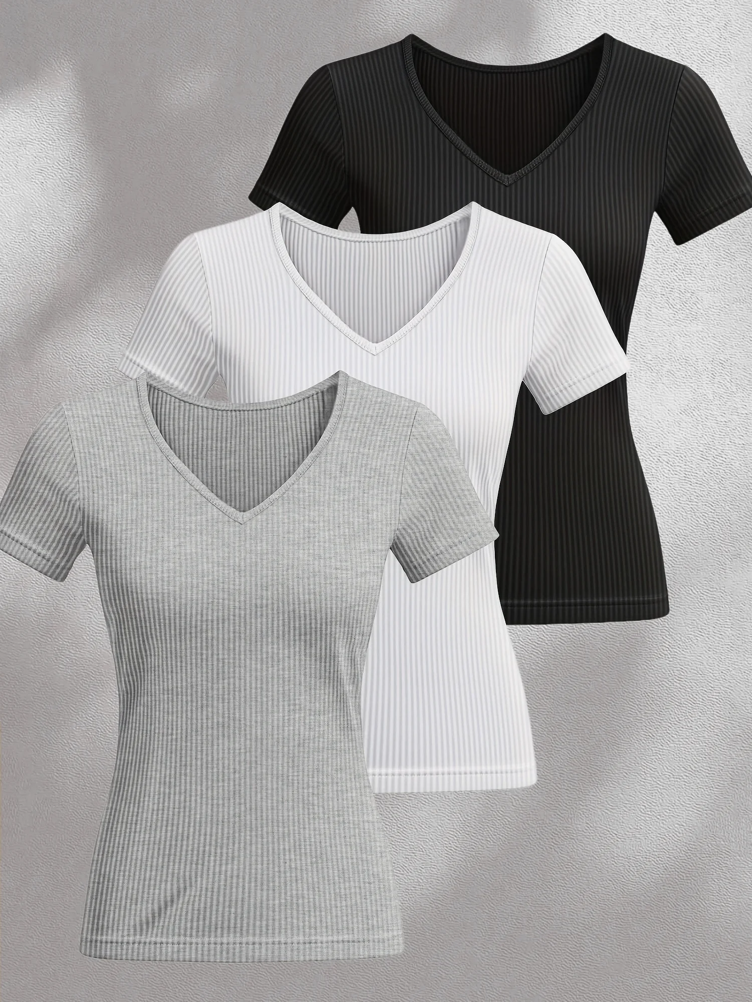 Women V Neck Short Sleeve Ribbed Knit Crop Top 3 Pack Casual Form Fitting Solid Color Tee Set 23 S4847e7b5796041129456fb295aa0257br