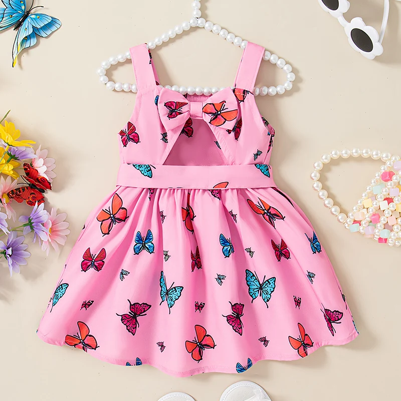 Summer New Butterfly Bow Baby Girl Dress, Korean Style Children\'S Sleeveless Clothes With Hair Straps (6 Months -3 Years Old)