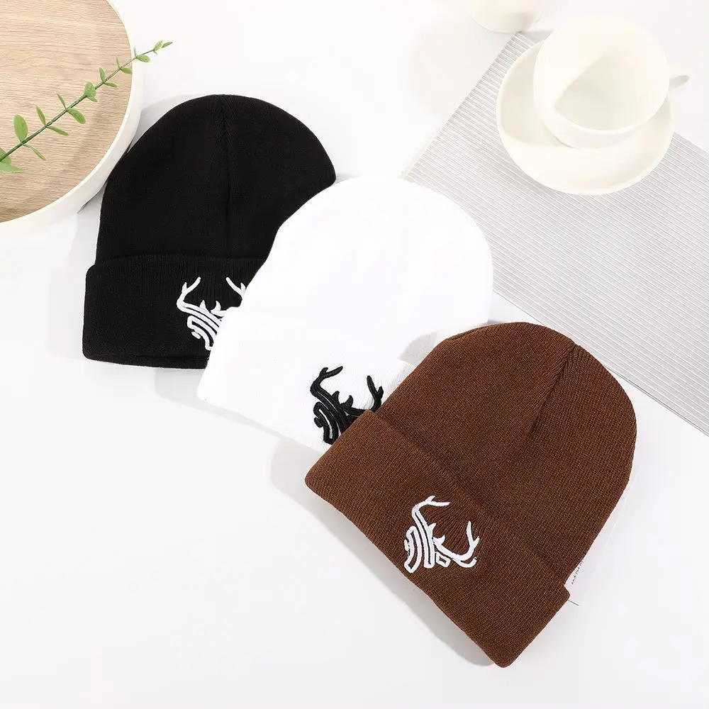 1PC Unisex 3D Embroidery Deer Horn Knit Beanie Hat, Suitable For Daily Wear In Fall/Winter