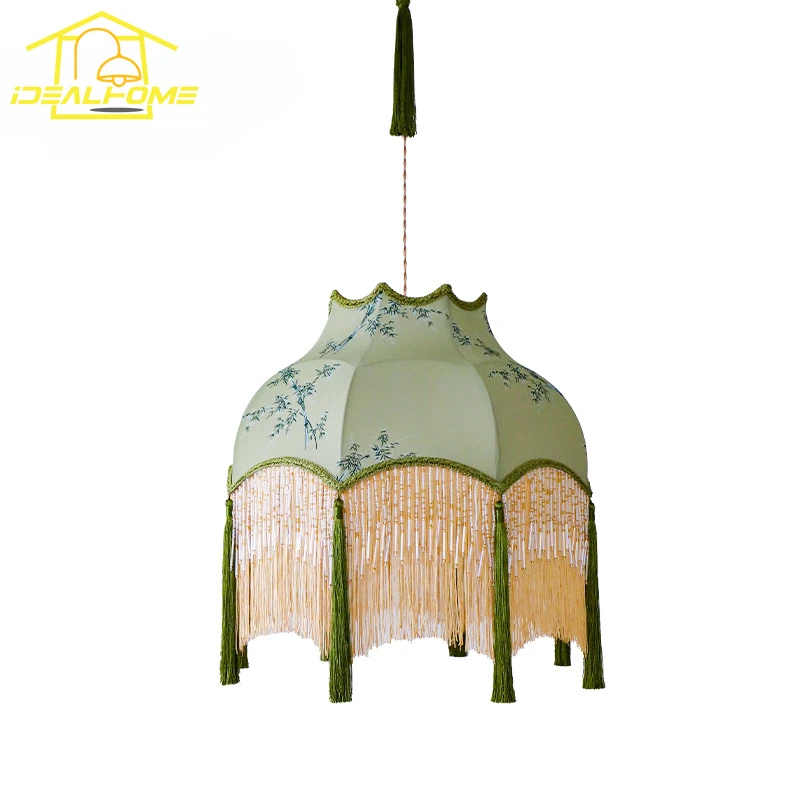 Chinese Classical Vintage Copper Fabric Art Decorative Pendant Lights LED E27 Gold Lustre Living Room Restaurant Tea House Study