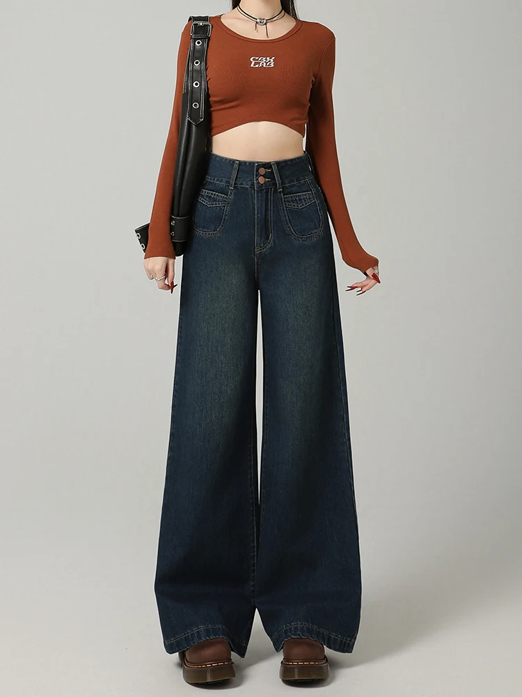 plus Size Fce Lined Thi Wide Leg Denim Jeans Women's Autumn New Loose Drapey Lazy Loose Feeling Floor Length Pants