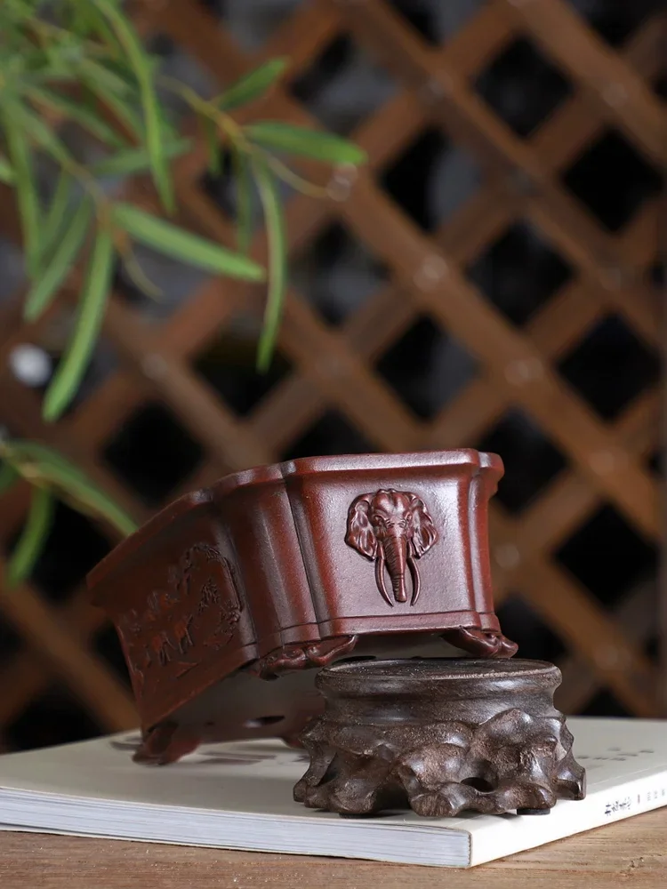 Purple Sand Rectangle Elephant Carved Bonsai Pot, Traditional Chinese Carved,Dormitory Room Table, Garden Decoration