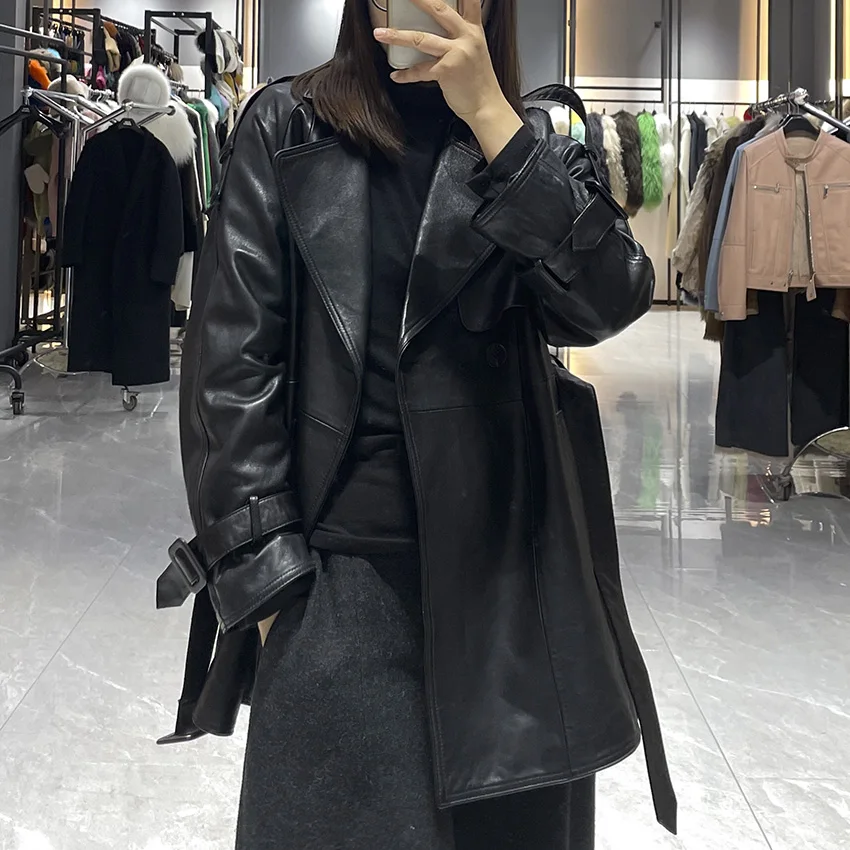 Femmes en cuir véritable manteau bureau dames en peau de mouton coupe-vent taille haute rétro décontracté huile cire moyenne longue veste JFB6-25005