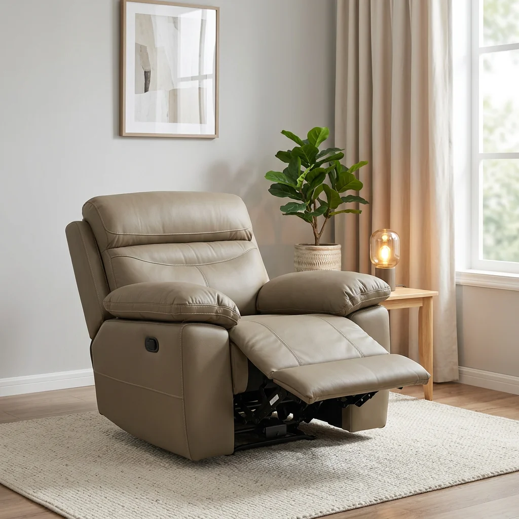 Genuine Cowhide Leather Recliner Chair, Oversized Single Seat Sofa, Living Room Furniture, Extended Footrest, Manual Adjustment