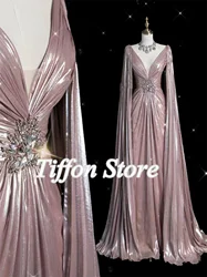 A-Line Luxury Star Evening Ball Dress V-Neck Long Sleeve Satin Floor Skirt Drag Form Gown 2024 Shiny Diamond Belt Custom