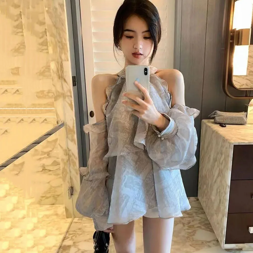 2023 Summer Hollow Loose Halter Blouses Korean Elegant Ladies Tops Shoulderless Chiffon Solid Ruffle Shirts Puff Sleeves Blusas