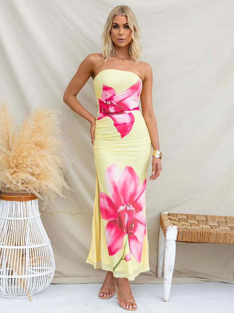 

Summer Floral Maxi Dresses Women 2025 Strapless Tube Top Sexy Long Dress with Big Flower Print Elegant Bodycon Beach Dress