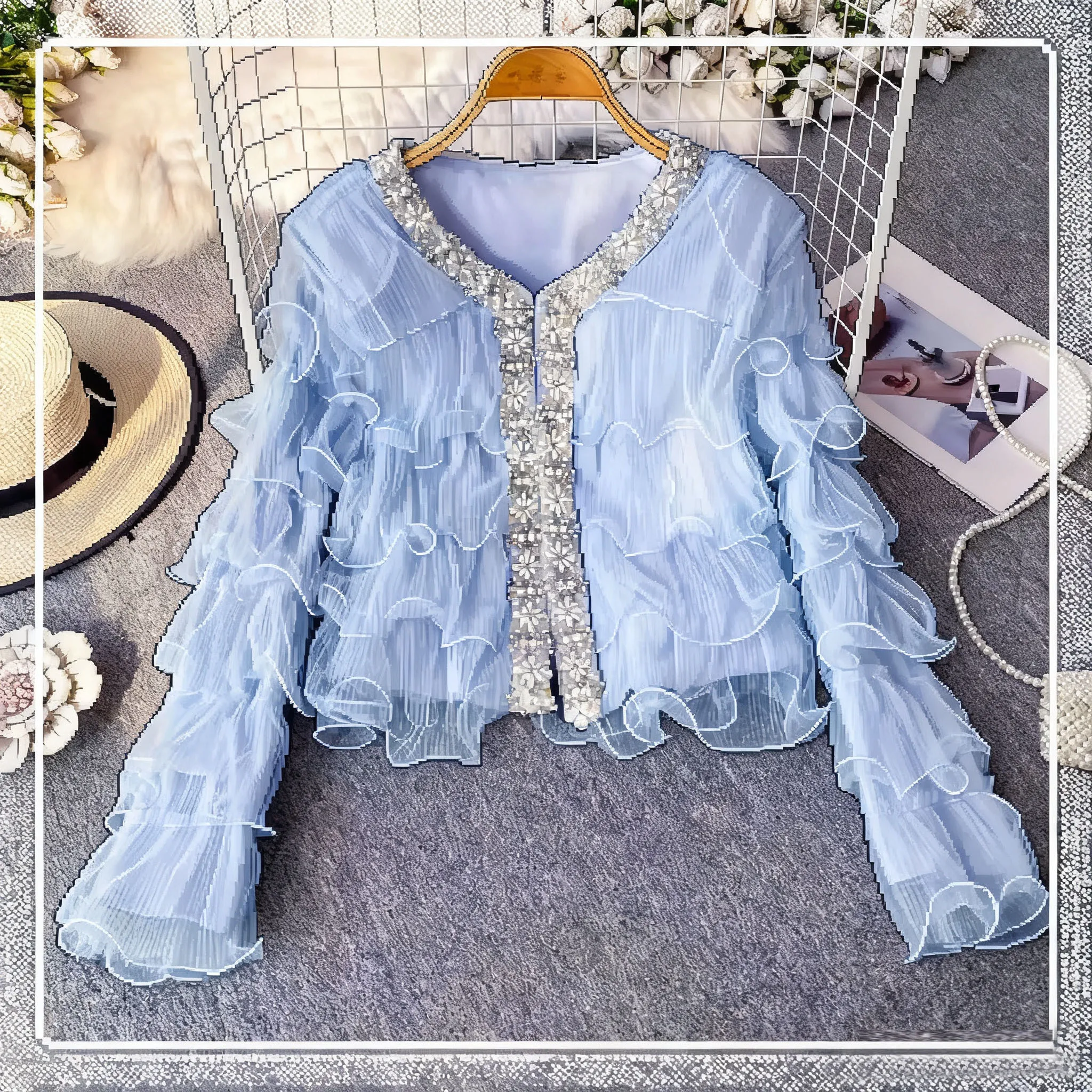 

Heavy Embroidery Beaded V-Neck Long Sleeve Top Women New Collection Sheer Mesh Slim Fit Versatile Elegant Outerwear