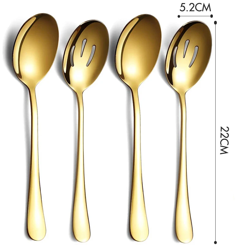 4 Pieces Titanium Plating Serving Spoons Include 2 Spoons And 2 Slotted Spoons Stainless Steel Serving Utensils Flatware