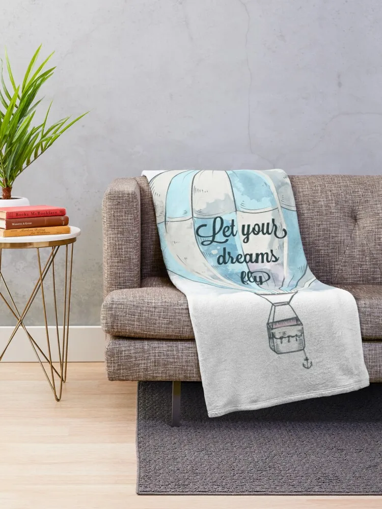 Aesthetic Let your dreams fly,  blue air balloon watercolor art Throw Blanket Furry heavy to sleep warm winter Blankets