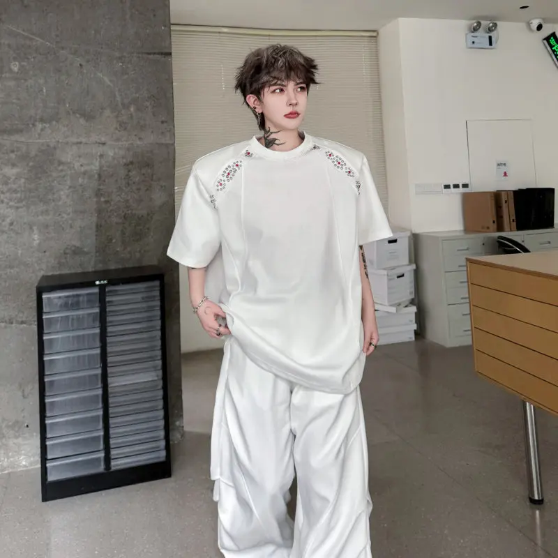 2026 Summer New High Street Chic Tees Solid Color Short Sleeve T-Shirts Men's Handmade Bead Decoration Design Handsome T-Shirts