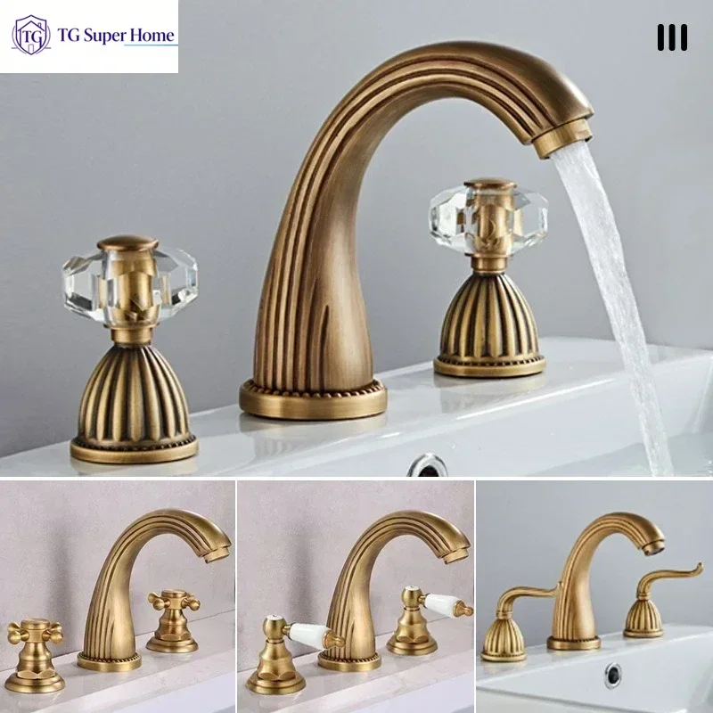Antique Brass Bathroom Faucet 3 Holes Basin Faucet Deck Mount Tap Hot Cold Water Double Control Handles Basin Sink Mixer Taps