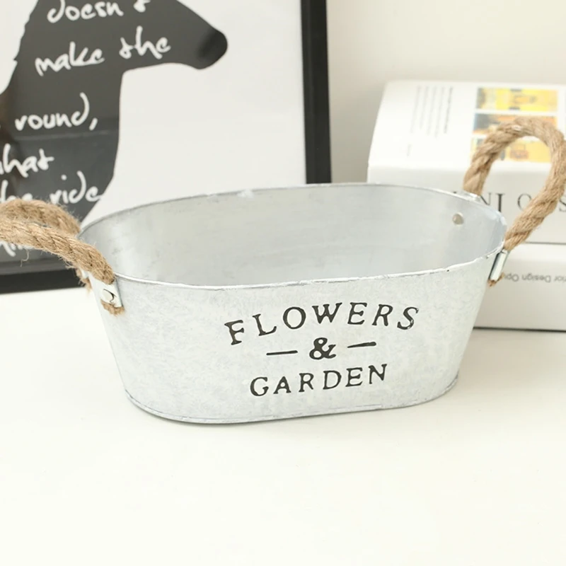 White Succulent Plant Container Rustic Bucket Flower Pot with Twine Handles Succulent Plant Pot French Country Decor