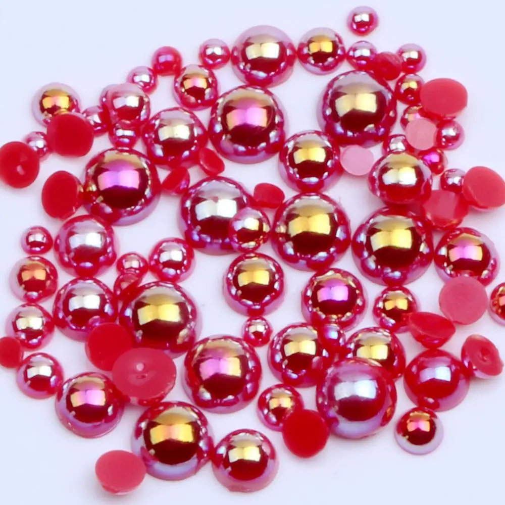 Red AB Half Round Pearls 2-12mm And Mixed Sizes Imitation Flatback Glue On Resin Beads DIY Crafts Garments Supplies