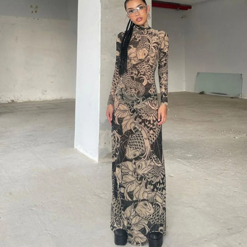 Downtown Gotico Y2K Abito Sheer Web Contorno Aderente Harajuku Stampa Dolcevita Abito Sensuale Avant Garde Party Abiti